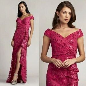 NWT Tadashi Shoji CORINA SEQUIN EMBROIDERED FLOUNCE GOWN DRESS DAHLIA si…